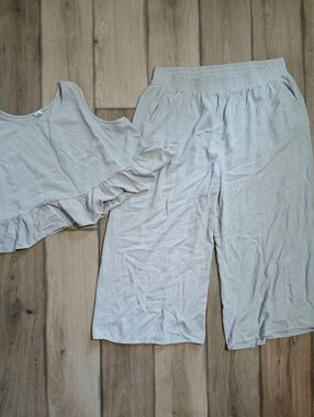 Prinbara Linen Blend 2 Piece Set XL Peplum Top & Wide Leg Crop Pants
